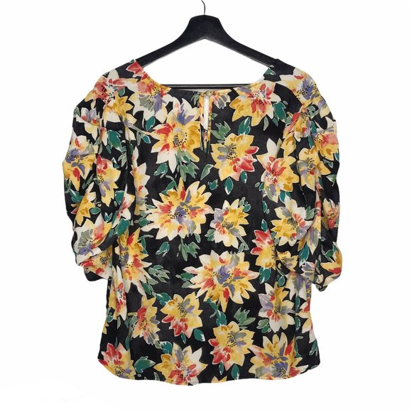 Ava & Viv Women Blouse Plus Sz X 14W Floral Print Top Black Yellow Ruched Sleeve - Picture 4 of 10
